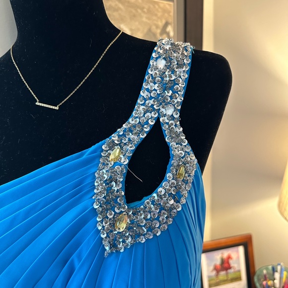 One Shoulder Corset Back Evening Gown/Formal Dress | Turquoise/Blue w/ Sequins - Picture 3 of 16